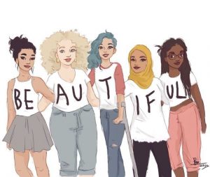 Cartoon image of women wearing shirts that spell "beautiful"