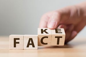 Wooden building blocks that read "fact" and "fake" 